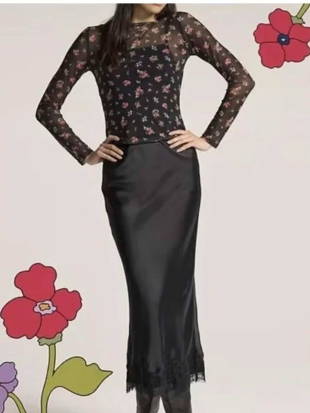 NWT Anna Sui x Old Navy Satin Lace Hem Midi Skirt